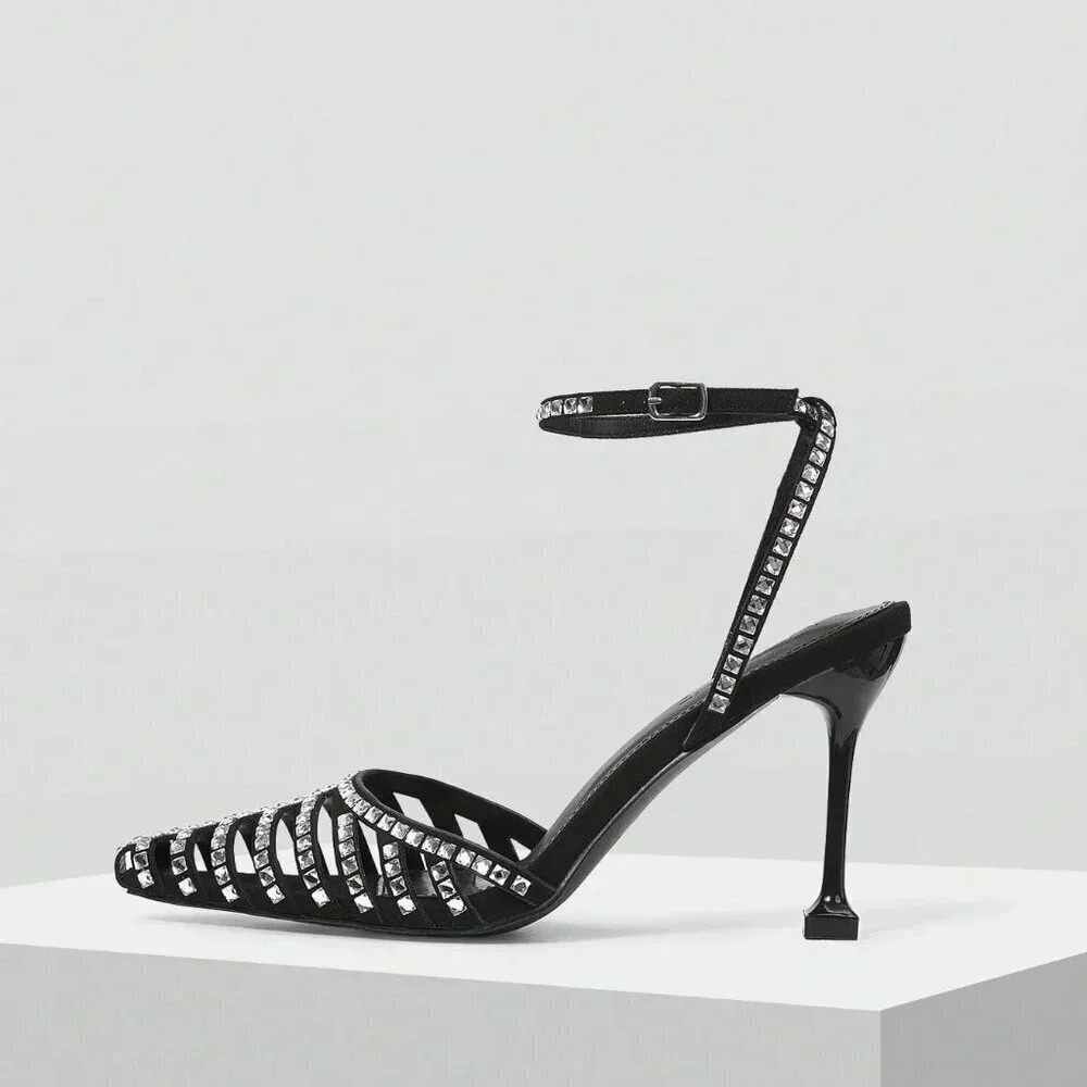 Black Glamorous Women's Rhinestone Buckle High Heel Shoes